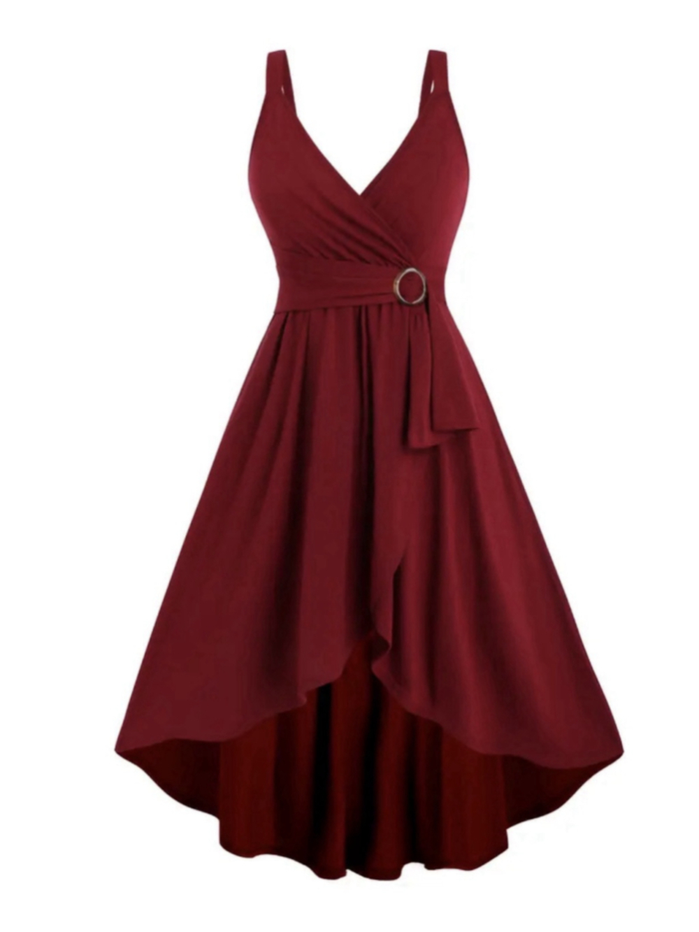 Sleeveless V-Neck High-Low Wrap Dress In Wine Red. Size Small